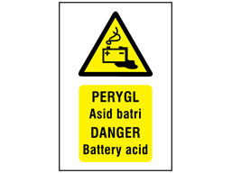 Perygl Asid batri, Danger Battery acid. Welsh English sign.