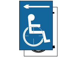 Disabled wheelchair symbol, arrow left sign.