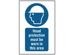 Head protection must be worn in this area symbol and text safety sign.