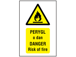 Perygl o dan, Danger Risk of fire. Welsh English sign.