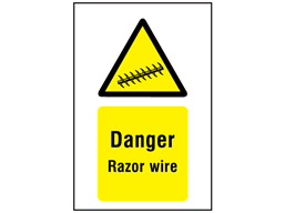 Danger razor wire symbol and text sign.