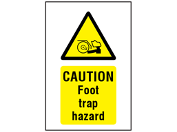 Caution Foot trap hazard symbol and text safety sign.