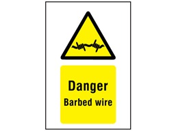 Danger barbed wire symbol and text sign.