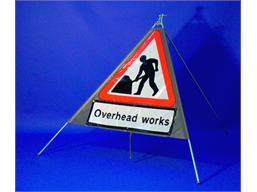 Men at work, overhead works roll up road sign