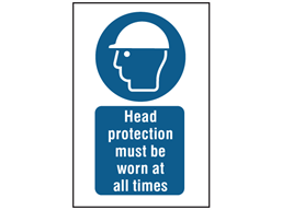 Head protection must be worn at all times symbol and text safety sign.