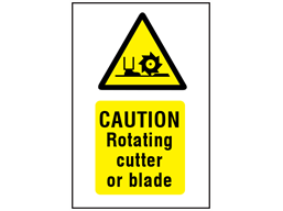 Caution Rotating cutter or blade symbol and text safety sign.