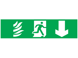 Fire exit, running man plus arrow down, mini safety sign.