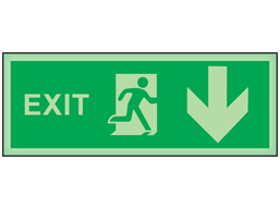 Exit, arrow down photoluminescent safety sign