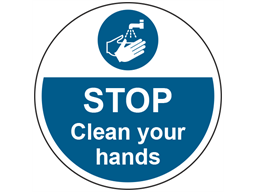 Stop, clean your hands symbol and text floor graphic marker.