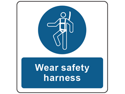 Wear safety harness symbol and text safety label.