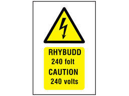 Rhybudd 240 folt, Caution 240 volts. Welsh English sign.