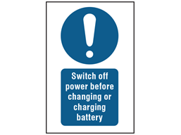 Switch off power before changing or charging battery symbol and text safety sign.
