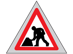 Men at work roll up road sign