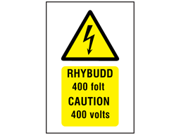 Rhybudd 400 folt, Caution 400 volts. Welsh English sign.