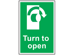 Turn to open clockwise symbol and text safety sign.