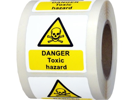 Danger toxic hazard symbol and text safety label.
