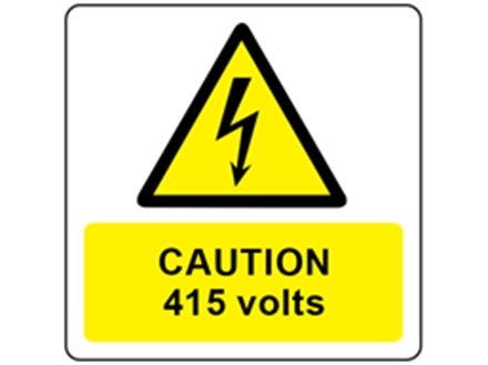 Caution 415 volts symbol and text safety label.