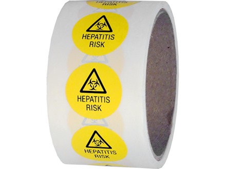 Hepatitis risk symbol and text safety label.