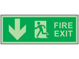 Fire exit, arrow down photoluminescent safety sign