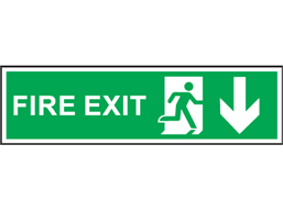 Fire exit arrow down symbol and text safety sign.