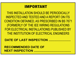 Installation inspection BS 7671 label