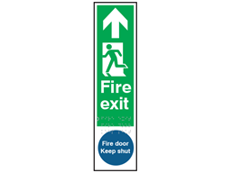 Fire exit, running man left, arrow ahead. Fire door keep shut sign.