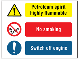 Petroleum spirit highly flammable, No smoking, Switch off engine safety sign.