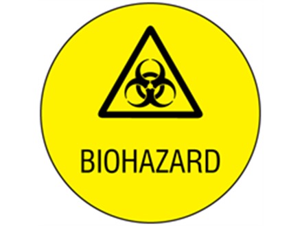 Biohazard symbol and text safety label.