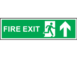 Fire exit arrow up symbol and text safety sign.