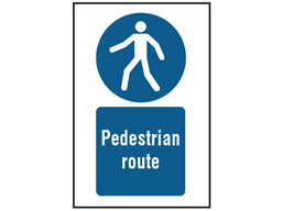 Pedestrian route symbol and text safety sign.