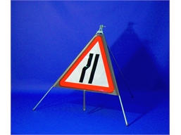 Road ahead narrows on left (nearside) roll up road sign