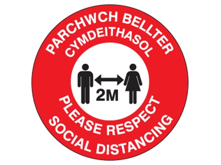 Please respect social distancing, 2 metres (bilingual Welsh/English)