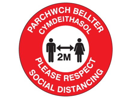 Please respect social distancing, 2 metres (bilingual Welsh/English)