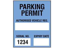 Parking permit label, blue background, serial number