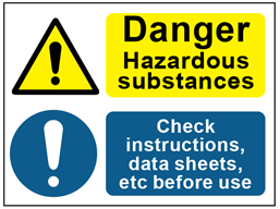 COSHH. Danger hazardous substances, check instructions sign.