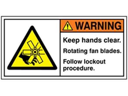 Warning keep hands clear rotating fan blades label