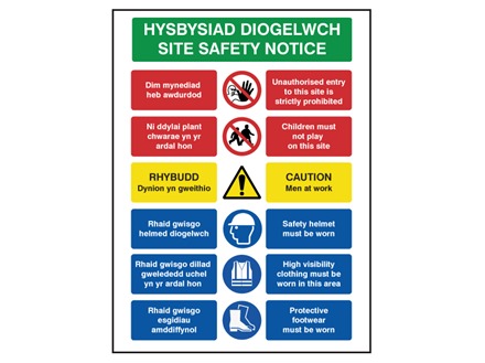 Hysbysiad diogelwch, Site safety notice. Welsh English sign.
