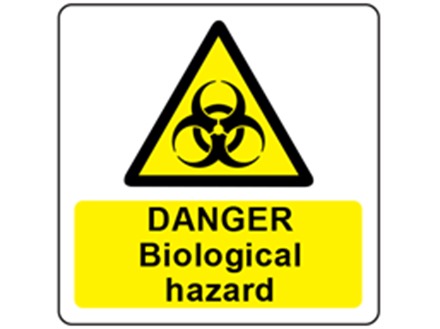 Danger biological hazard symbol and text safety label.