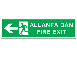 Allanfa dân, Fire exit (arrow left). Welsh English sign.