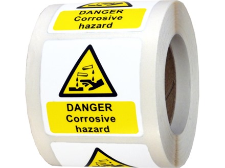 Danger corrosive hazard symbol and text safety label.