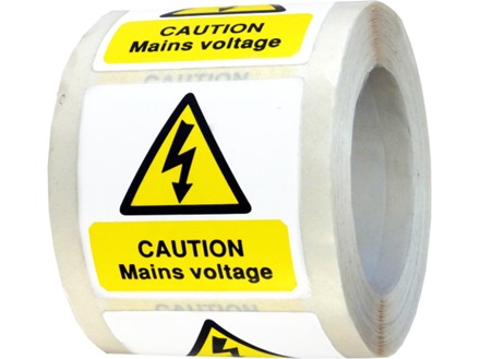 Caution mains voltage symbol and text safety label.