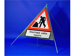 Overhead cable repairs roll up road sign