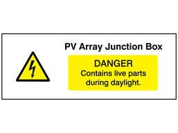 PV array junction box, danger contains live parts during daylight PV hazard label