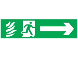 Fire exit, running man plus arrow right, mini safety sign.