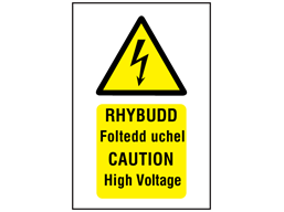 Rhybudd Foltedd uchel, Caution High voltage. Welsh English sign.