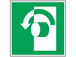 Turn to open (arrow left) safety sign.