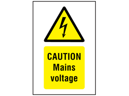 Caution Mains voltage symbol and text safety sign.