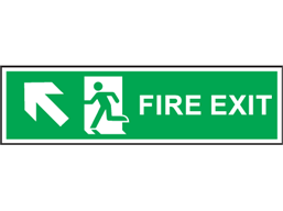 Fire exit arrow diagonal up-left symbol and text safety sign.