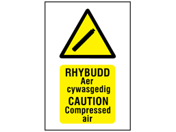 Rhybudd Aer cywasgedig, Caution Compressed air. Welsh English sign.