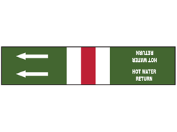 Hot water return, text and flow arrows pipeline banding labels